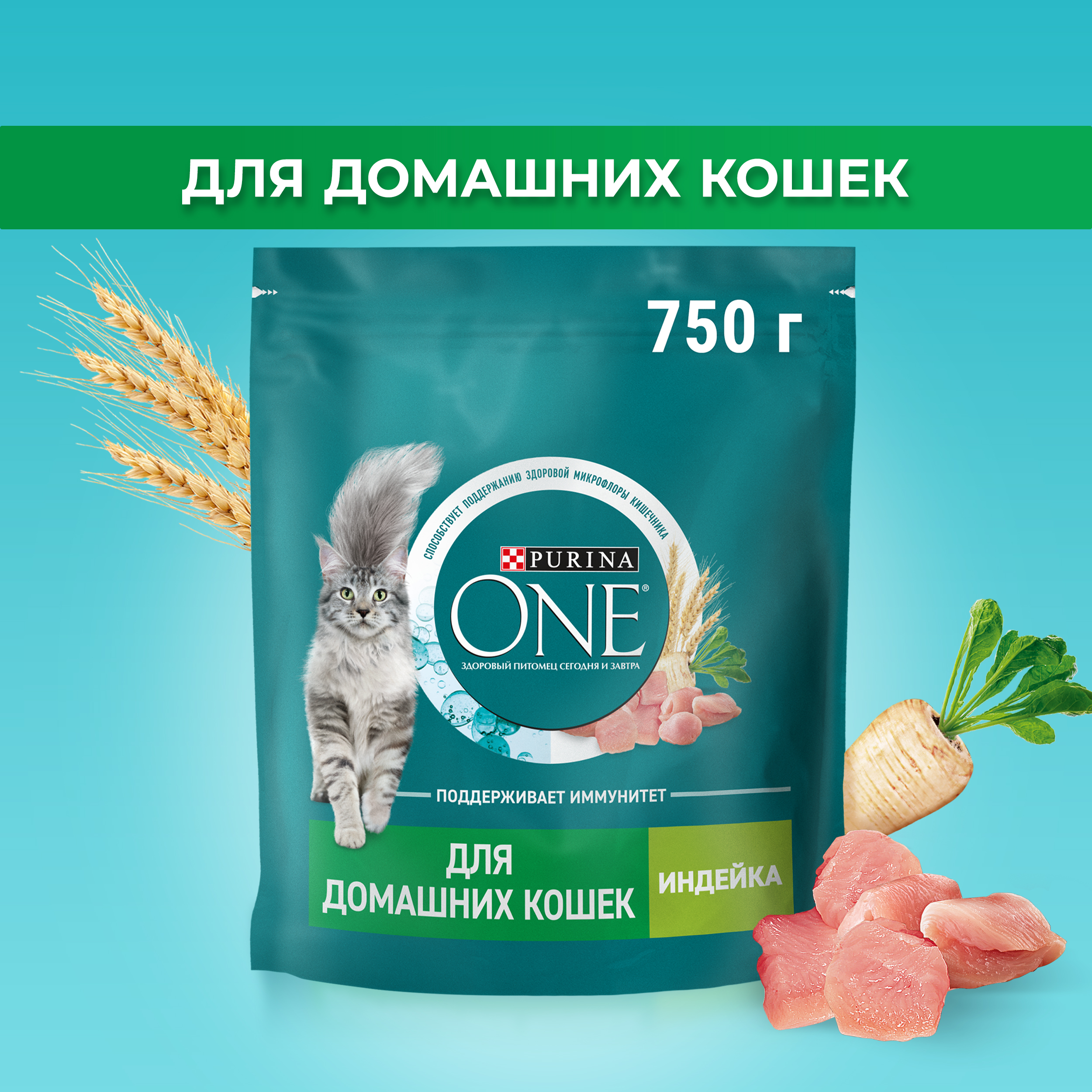Сухой корм PURINA ONE® для взрослых домашних кошек с индейкой 750 г