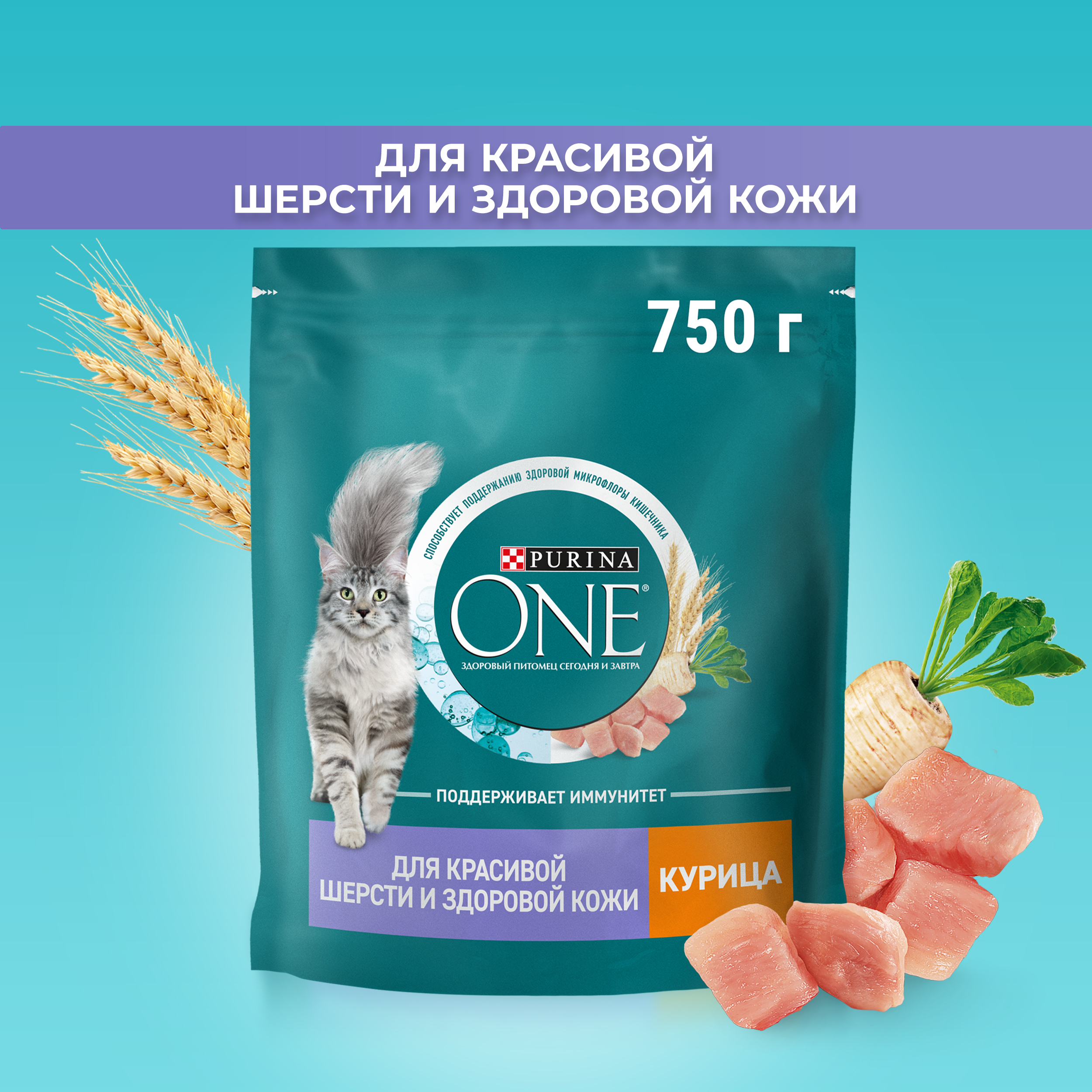 Сухой корм PURINA ONE® для взрослых кошек для красивой шерсти и здоровой кожи с курицей 750 г