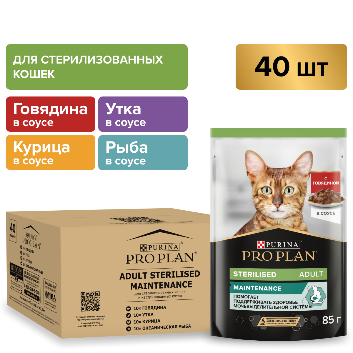 Влажный корм PRO PLAN® Sterilised MAINTENANCE для взрослых стерилизованных кошек с говядиной, курицей, уткой, океанической рыбой в соусе 85 г х 40 шт.