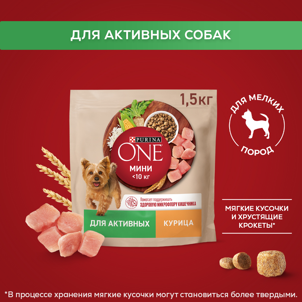 Сухой корм Purina ONE® МИНИ для активных собак мелких пород с курицей и рисом 1.5кг