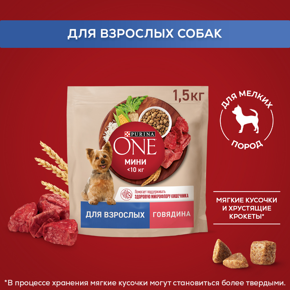 Сухой корм Purina ONE® МИНИ для взрослых собак, с говядиной и с рисом, 1,5 кг