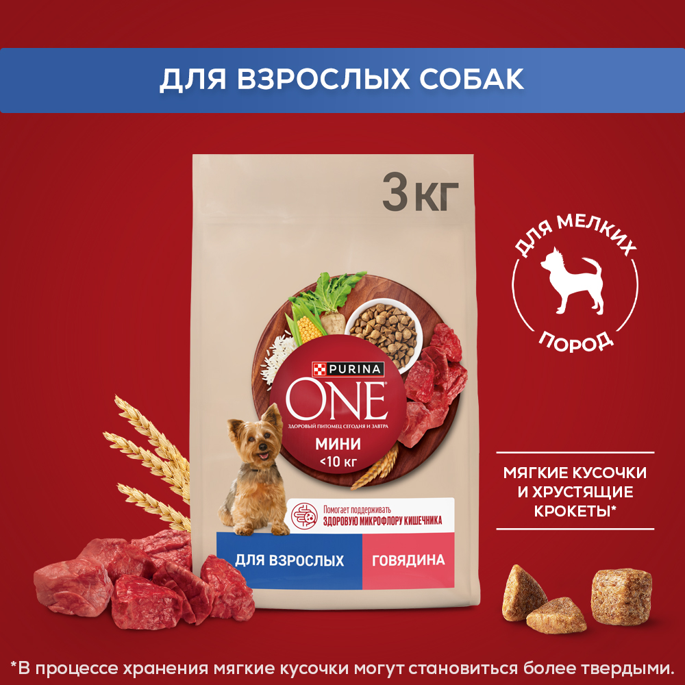 Сухой корм Purina ONE® МИНИ для взрослых собак мелких пород с говядиной и с рисом, 3 кг