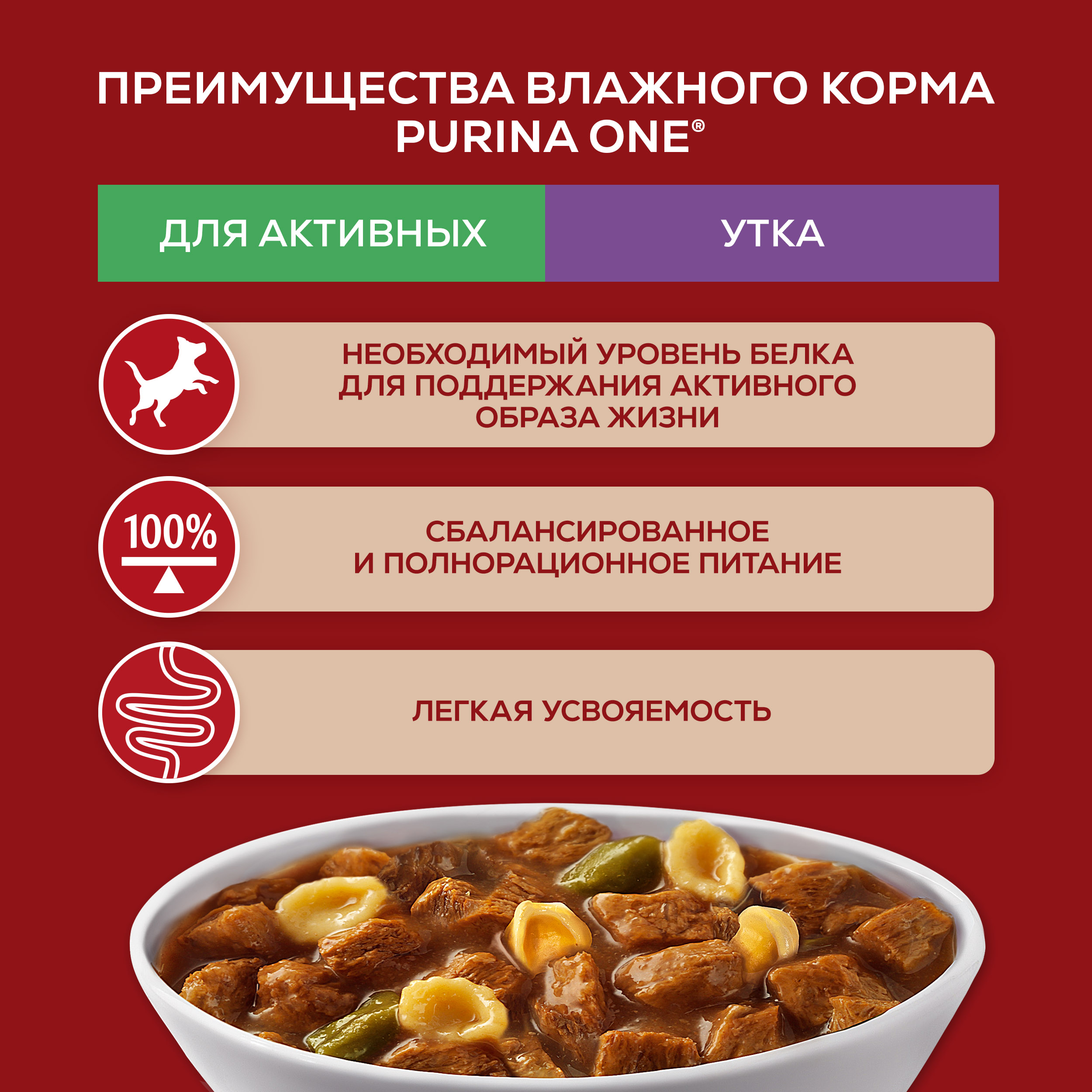 Влажный корм Purina ONE® МИНИ для активных собак мелких и карликовых пород с уткой, пастой и стручковой фасолью в соусе 85 г x 26 шт