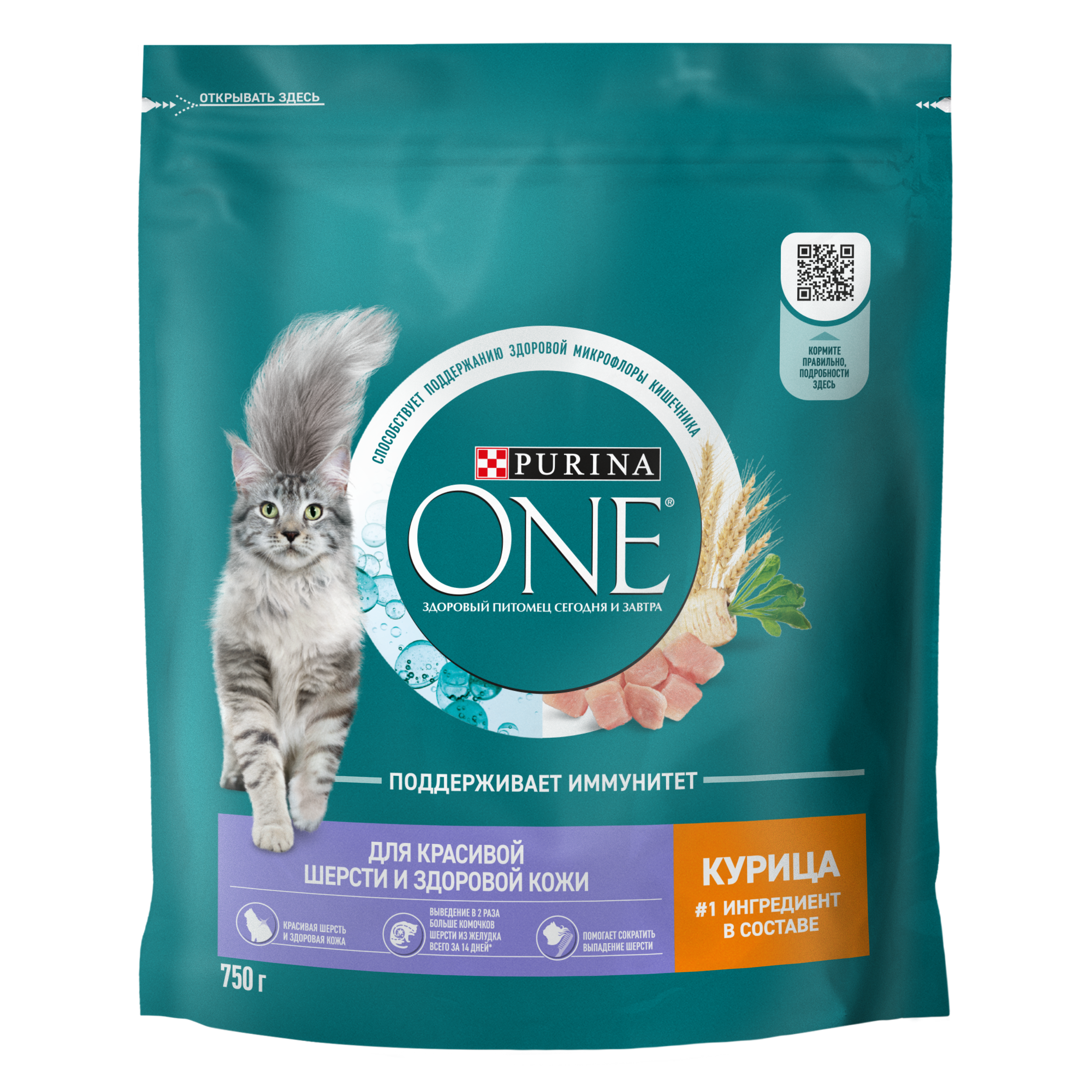 Сухой корм PURINA ONE® для взрослых кошек для красивой шерсти и здоровой кожи с курицей 750 г
