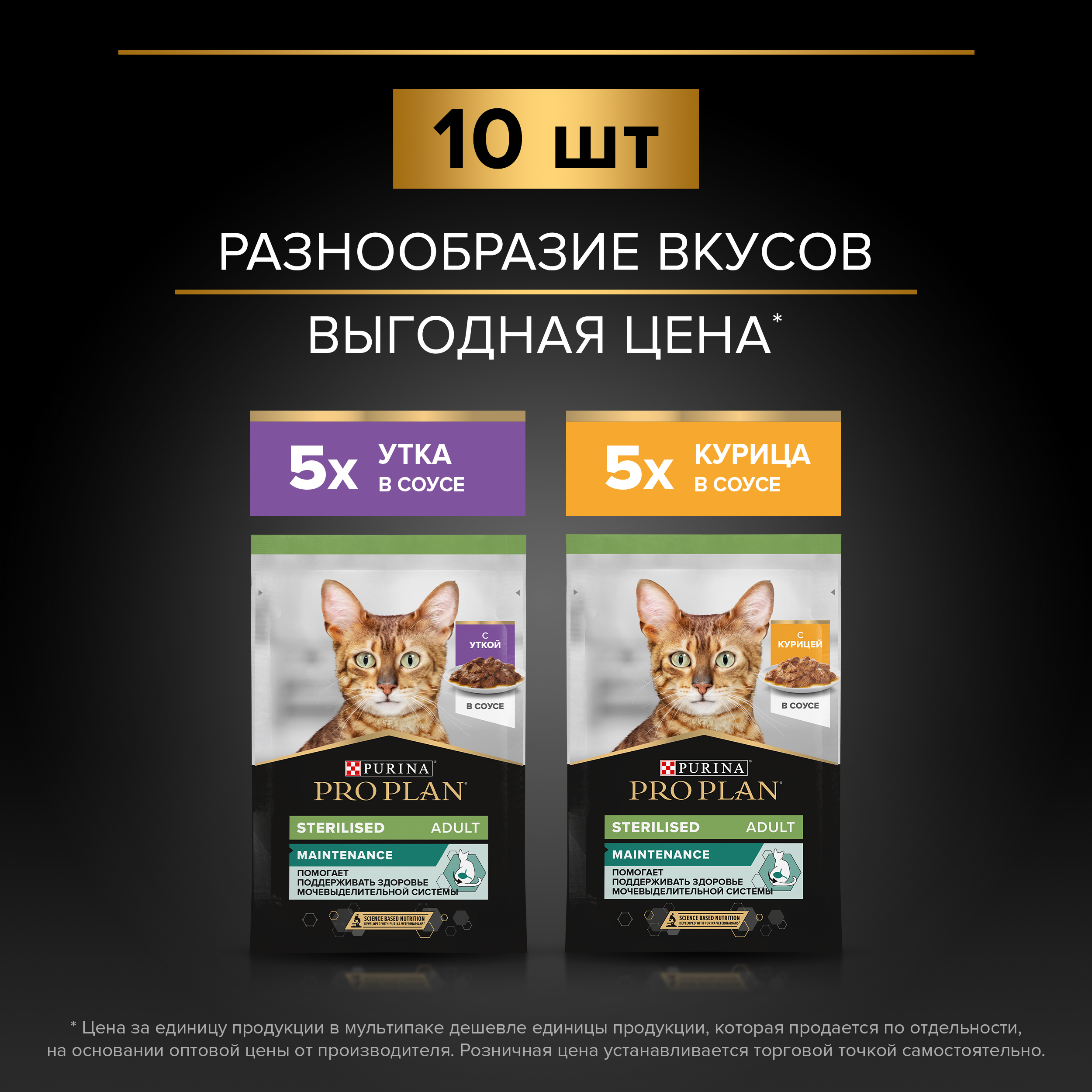 Влажный корм PRO PLAN® Sterilised MAINTENANCE для взрослых стерилизованных кошек с уткой в соусе, с курицей в соусе 85 г х 10 шт.
