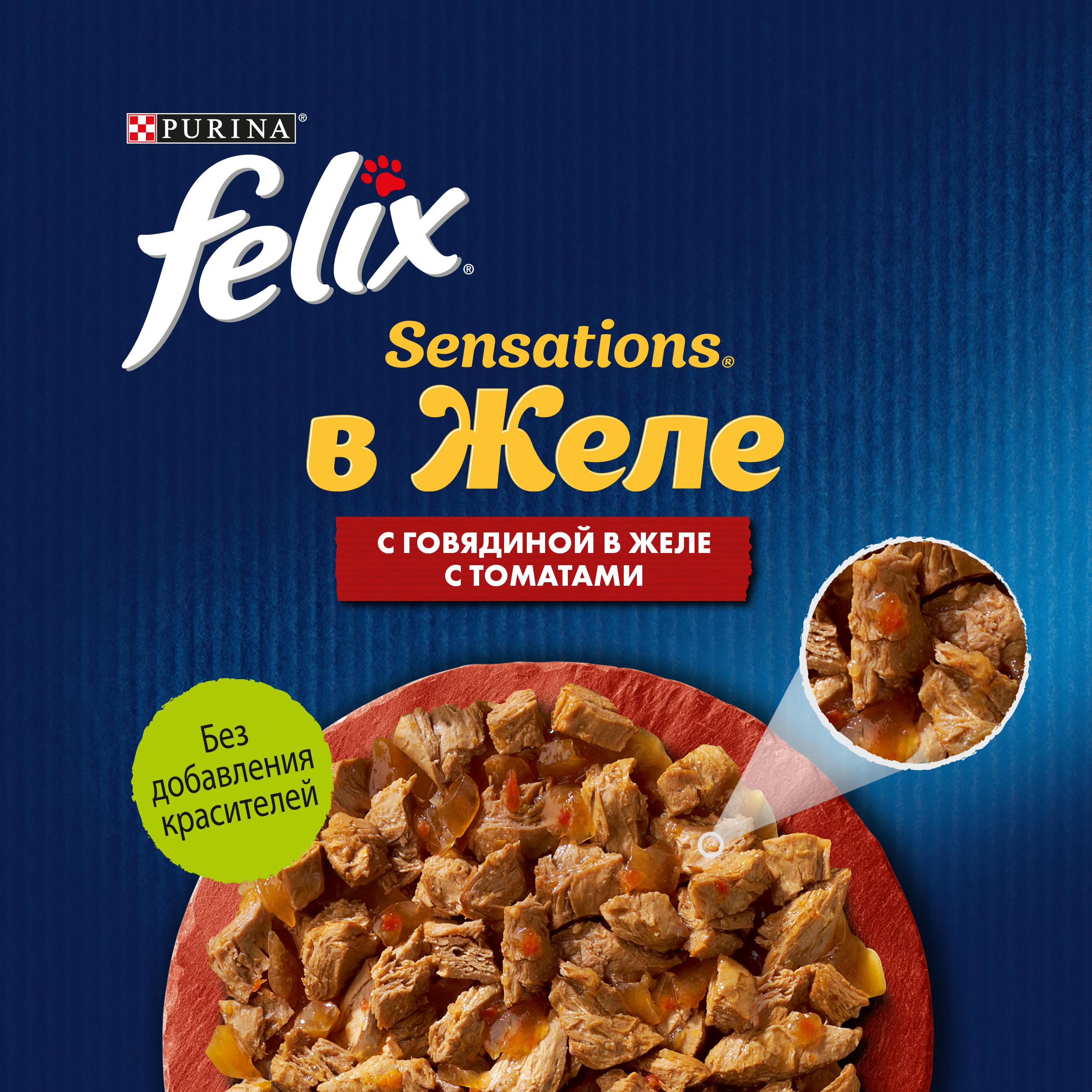 Влажный корм FELIX® Sensations для кошек с говядиной в желе с томатами 75 г х 26 шт