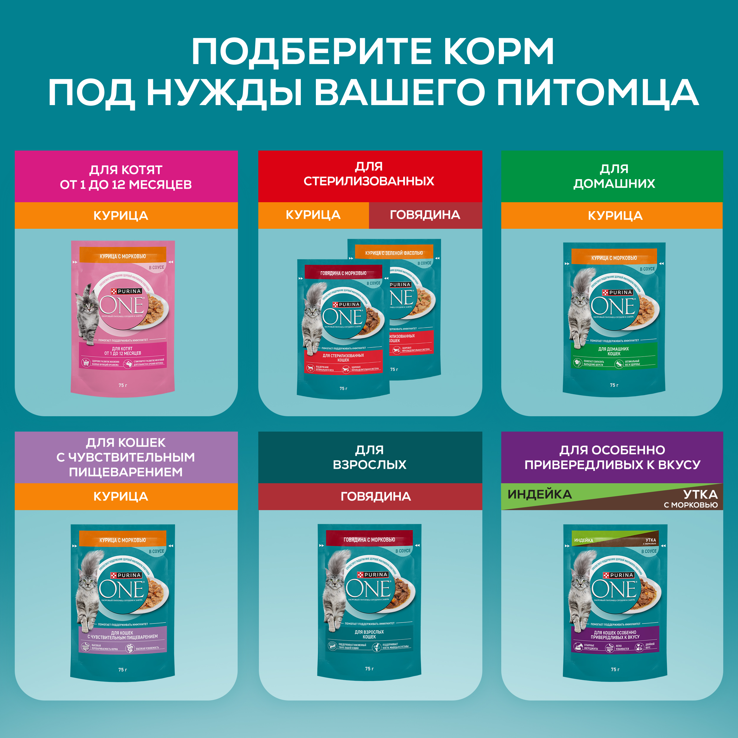 Влажный корм PURINA ONE® для стерилизованных кошек и кастрированных котов, с курицей и зеленой фасолью 75 г х 26 шт