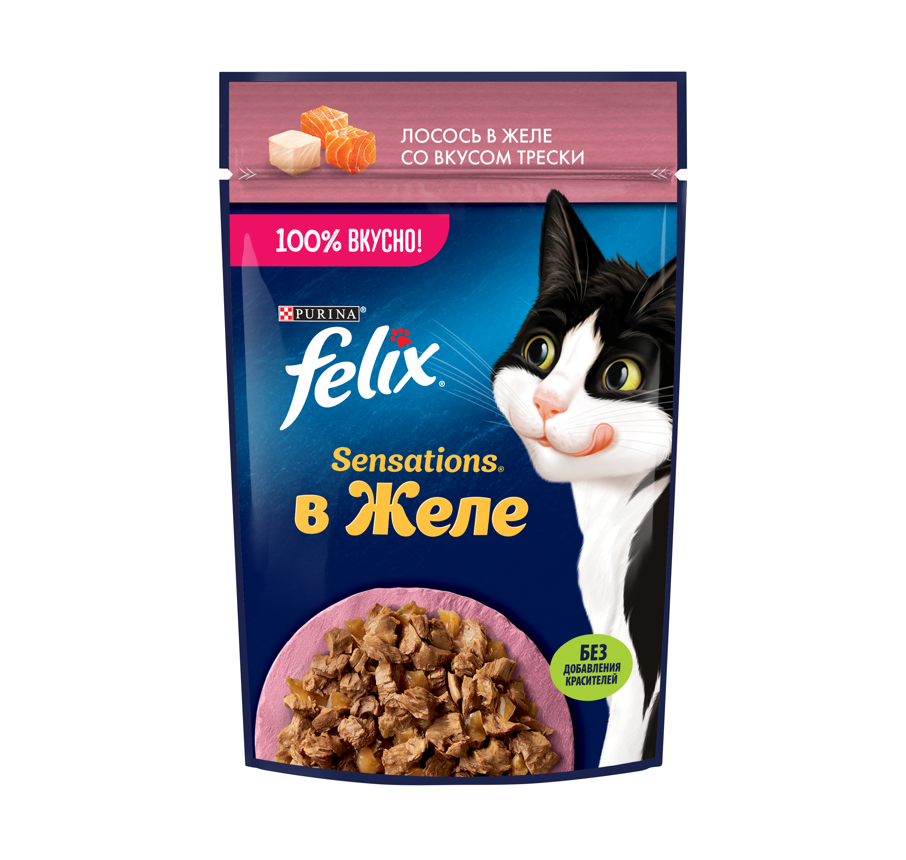 Влажный корм FELIX® Sensations для кошек с лососем в желе с добавлением трески 75 г х 26 шт
