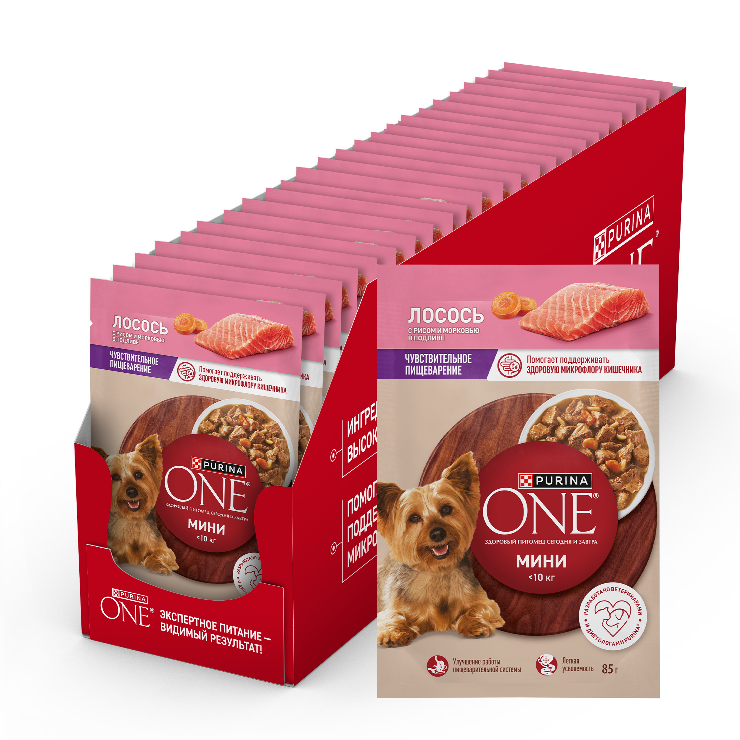 Влажный корм Purina ONE® МИНИ для собак мелких и карликовых пород с чувствительным пищеварением с лососем, рисом и морковью в соусе 85 г x 26 шт