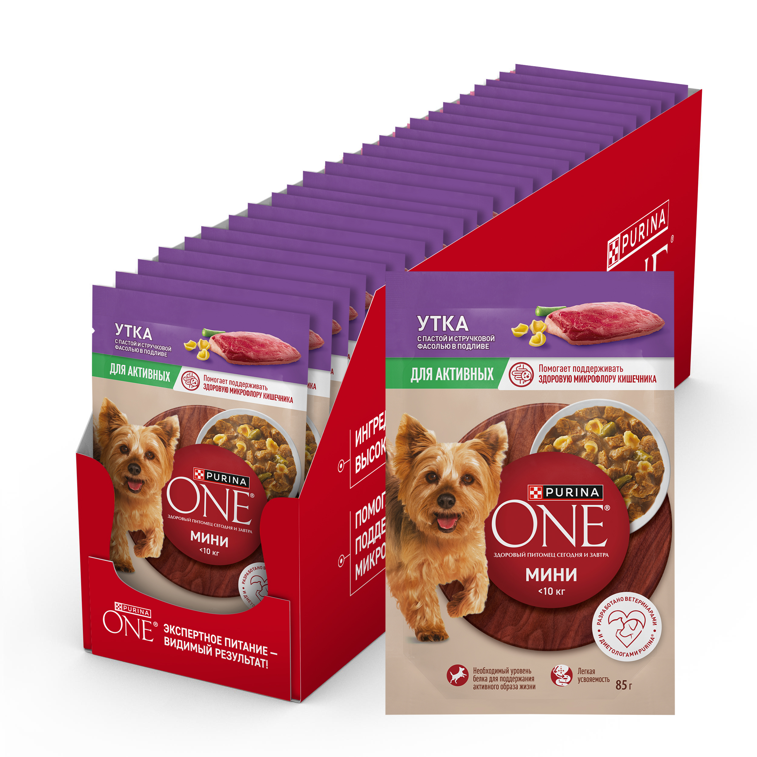 Влажный корм Purina ONE® МИНИ для активных собак мелких и карликовых пород с уткой, пастой и стручковой фасолью в соусе 85 г x 26 шт