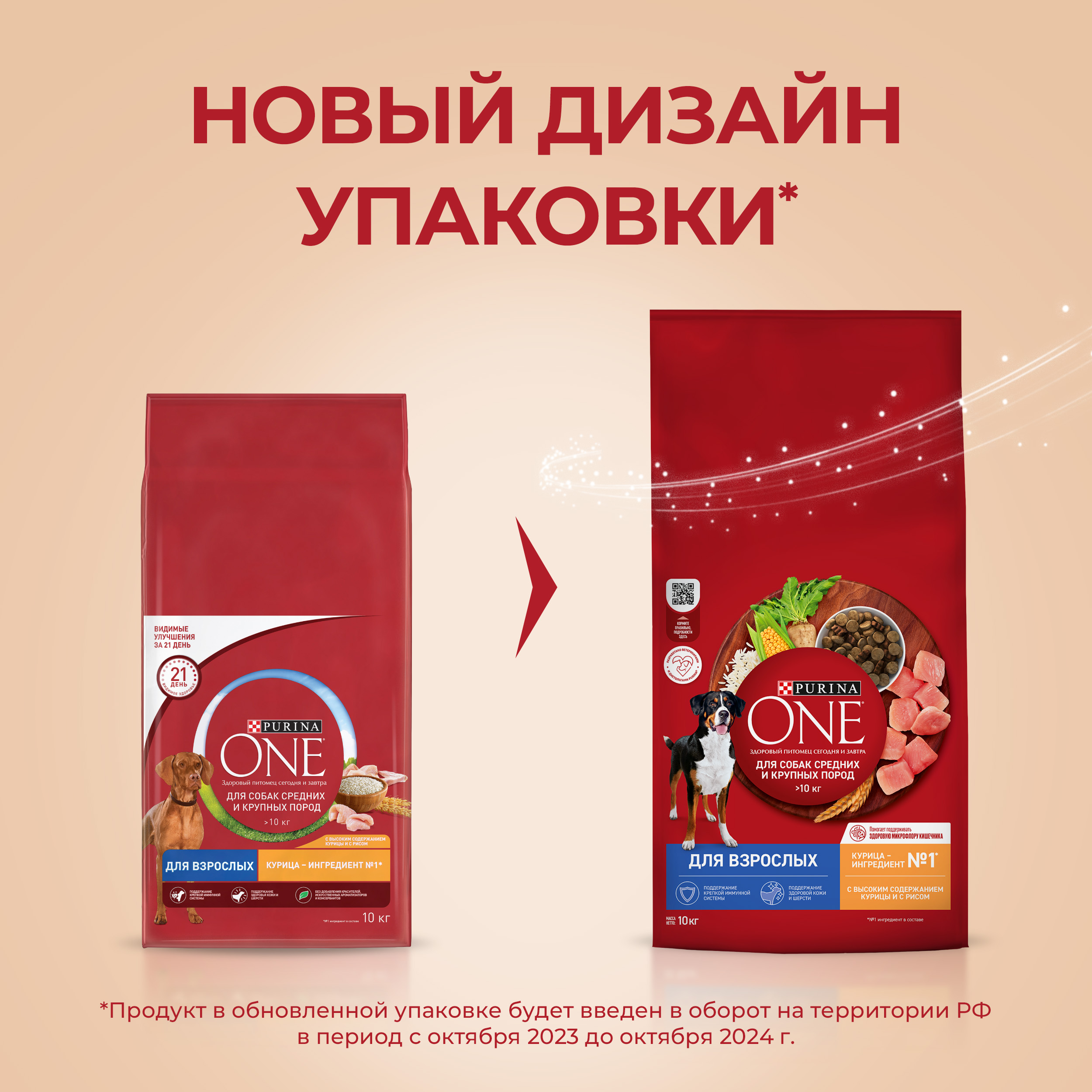 Сухой корм PURINA ONE® для взрослых собак средних и крупных пород с курицей и рисом, 10 кг