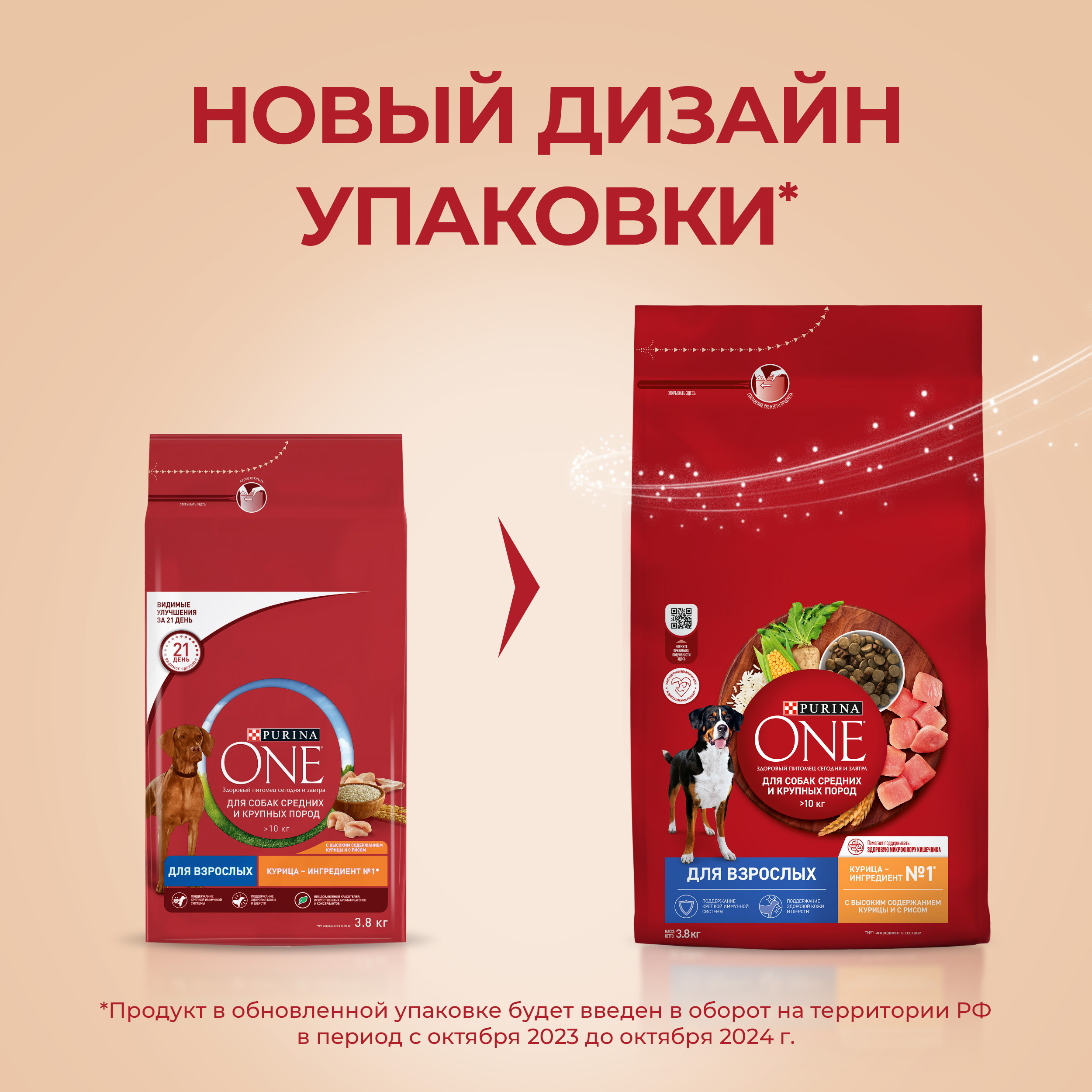 Сухой корм PURINA ONE® для взрослых собак средних и крупных пород с курицей и рисом 3,8 кг
