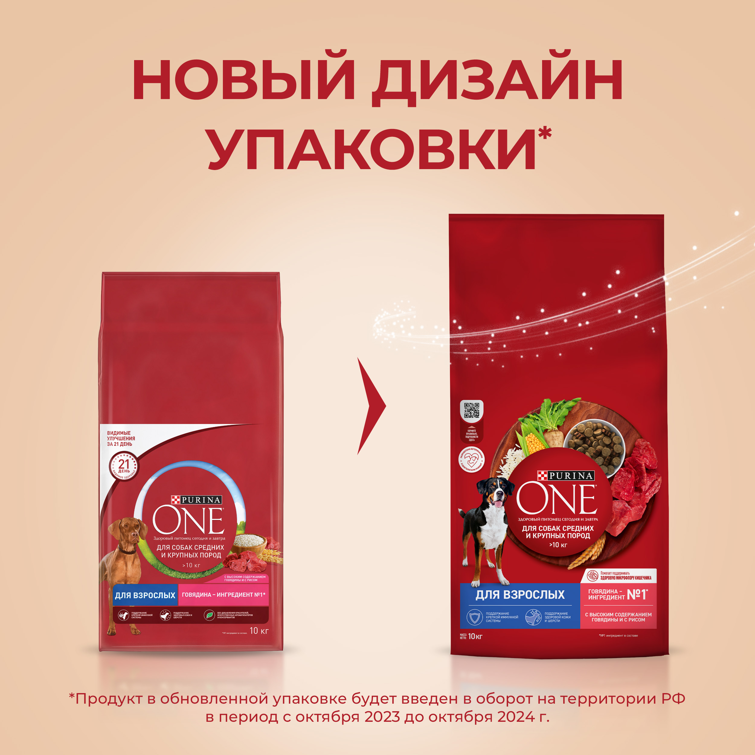 Сухой корм PURINA ONE® для взрослых собак средних и крупных пород, с говядиной и рисом 10кг