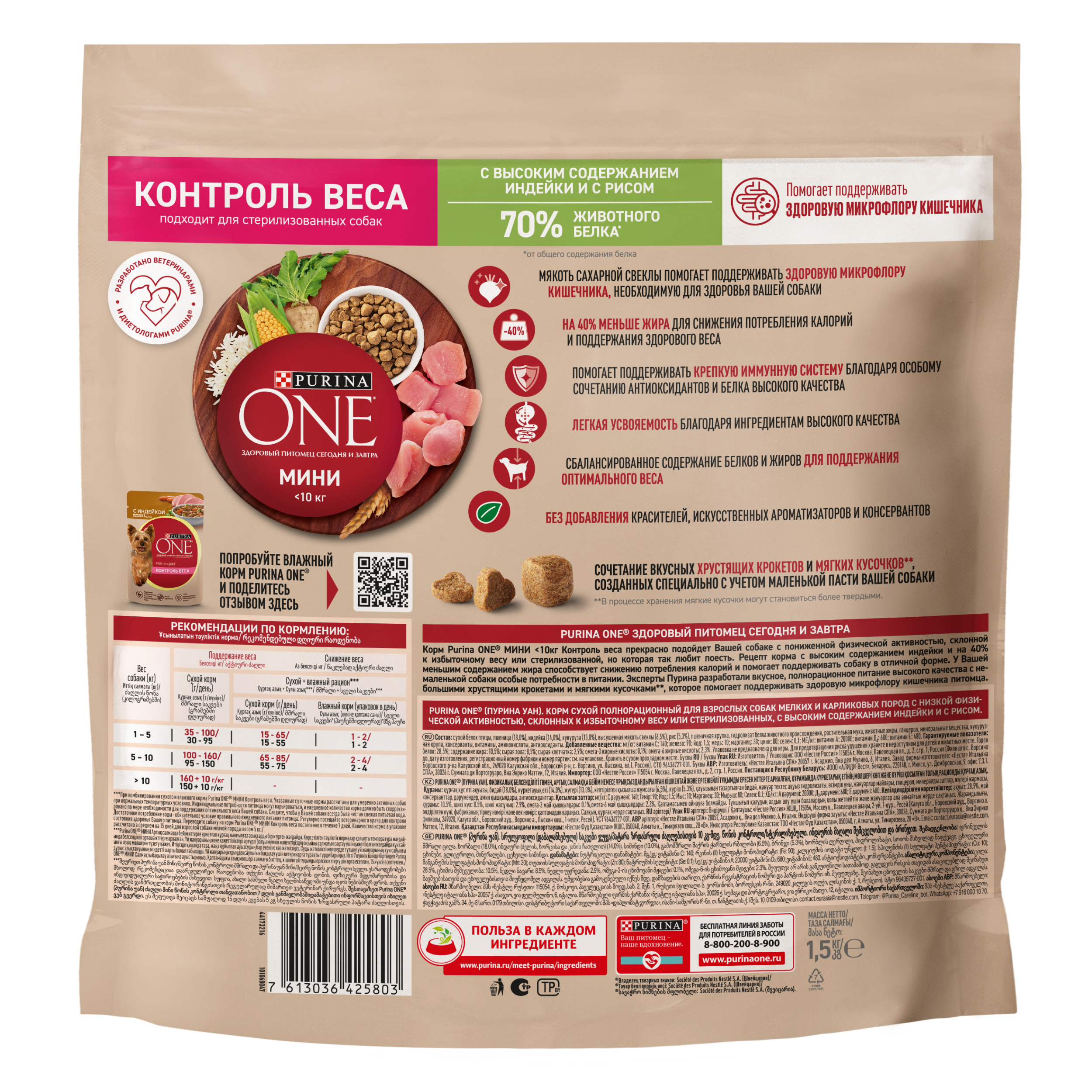 Сухой корм Purina ONE® МИНИ для собак мелких пород, склонных к набору веса или стерилизованных с индейкой и рисом 1.5 кг