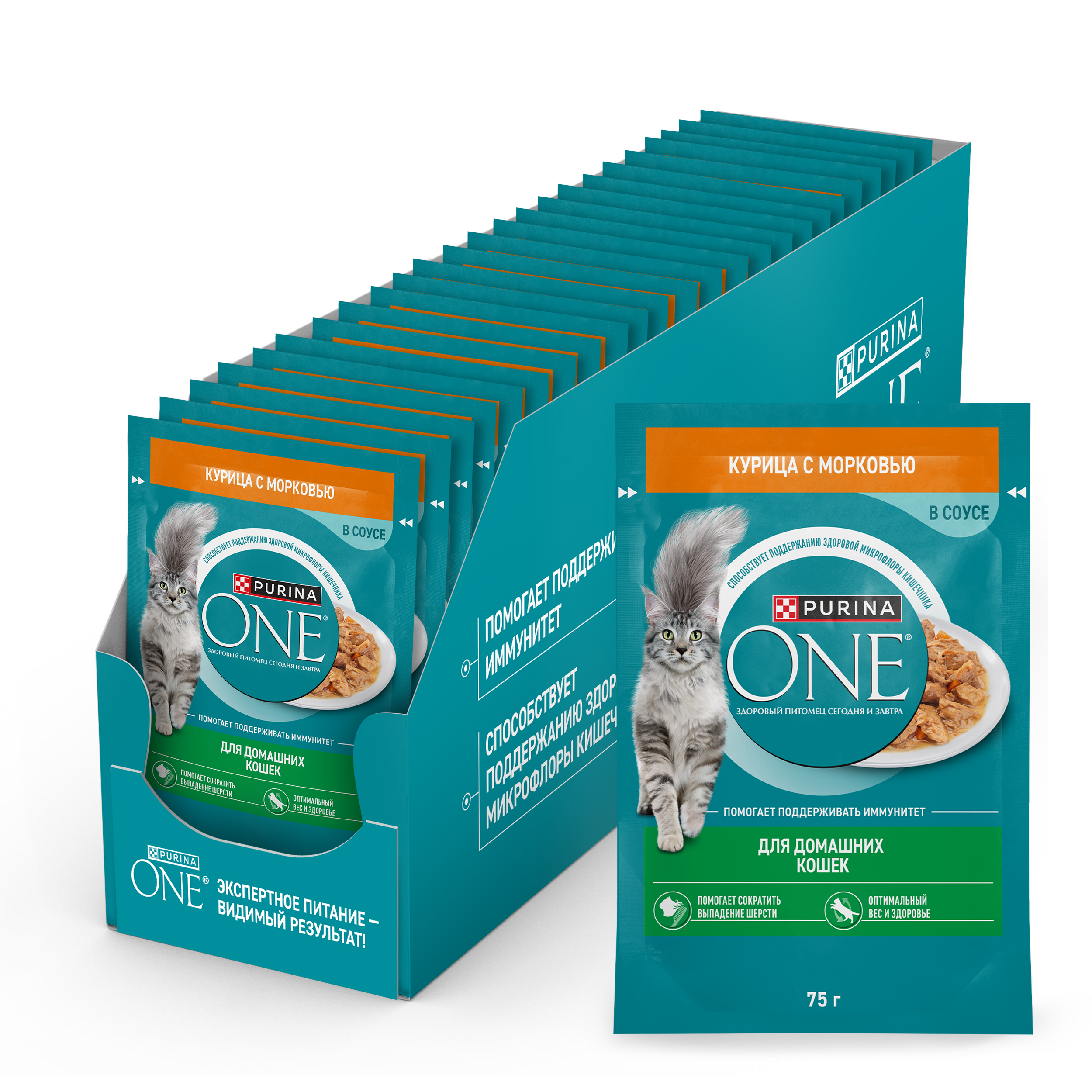 Влажный корм PURINA ONE® для взрослых домашних кошек с курицей и морковью 75 г x 26 шт