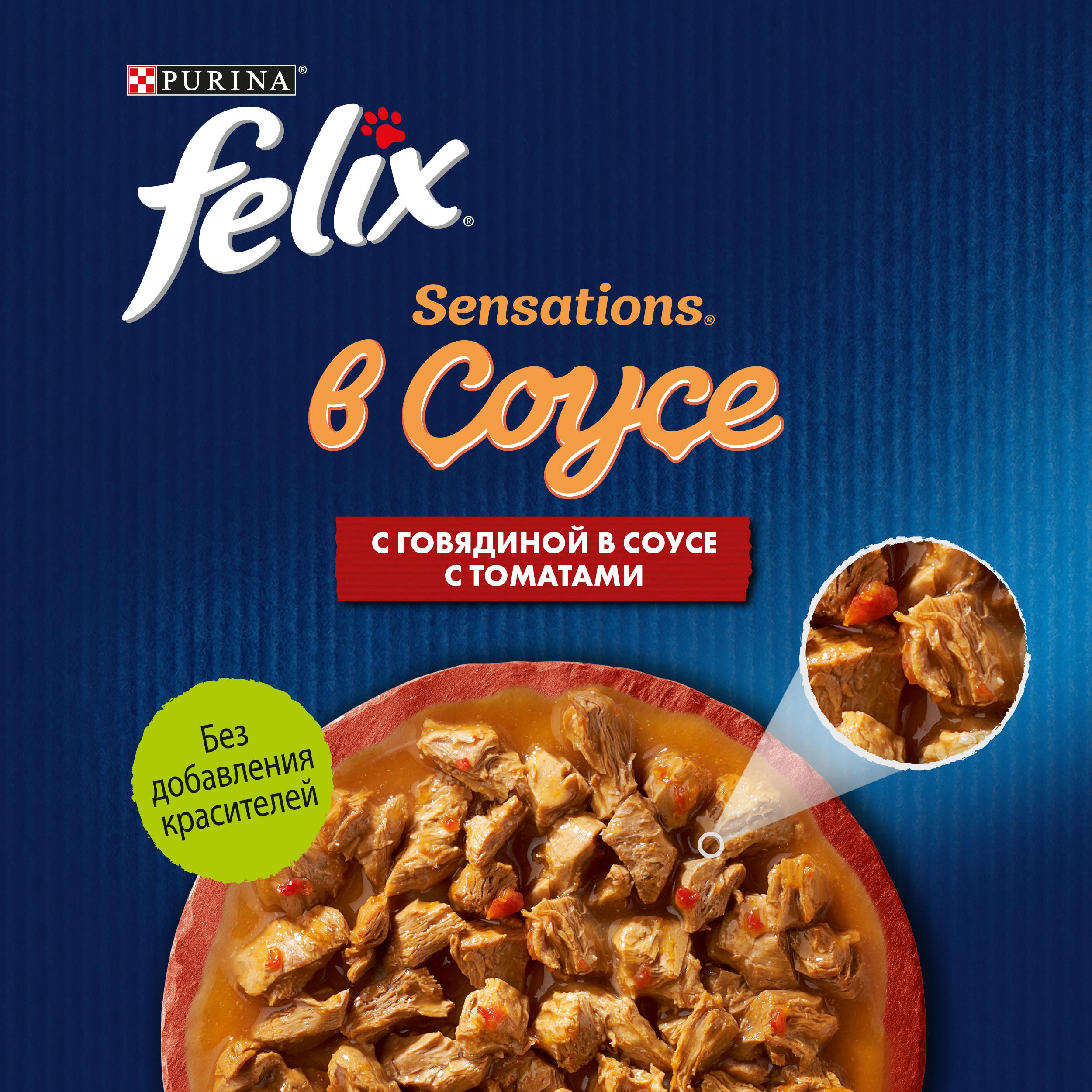Влажный корм FELIX® Sensations для кошек с говядиной в соусе с томатами 75 г х 26 шт