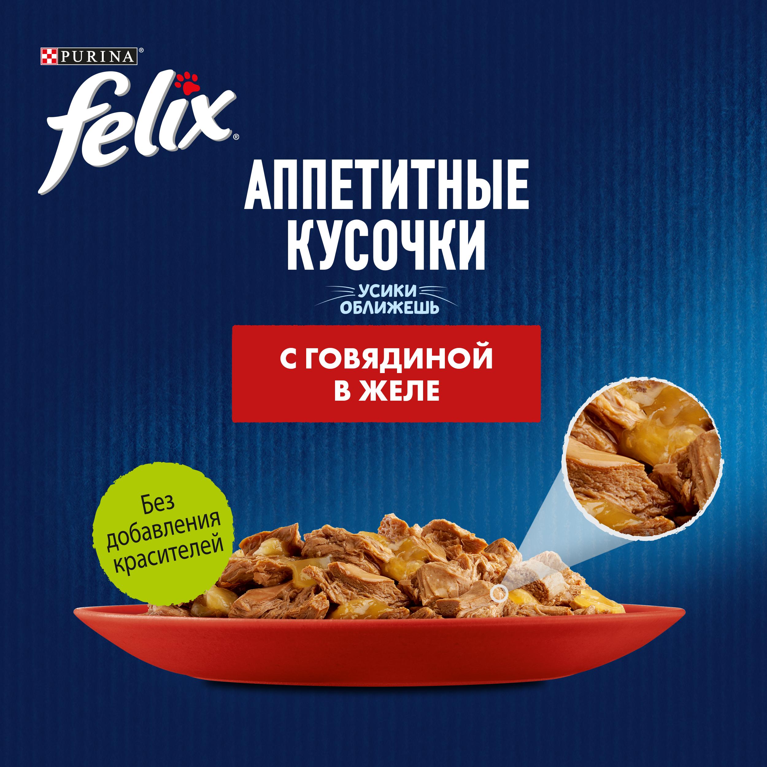 Влажный корм FELIX® Аппетитные кусочки для кошек, с говядиной в желе 26 штx75 г