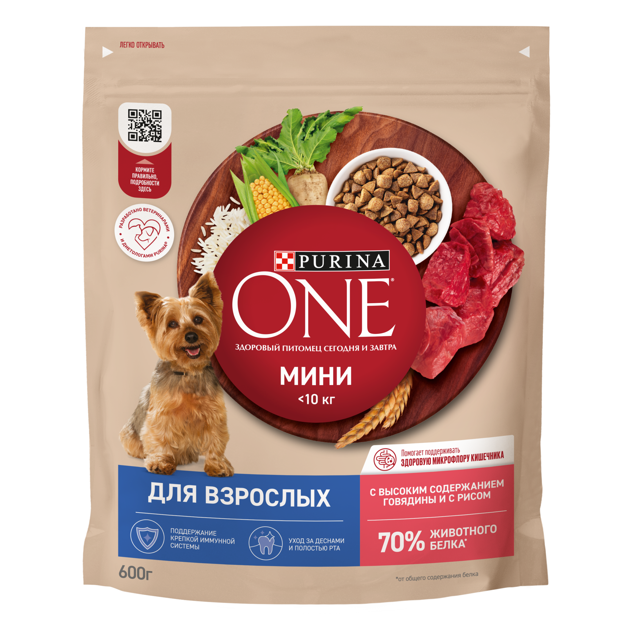 Сухой корм Purina ONE® МИНИ для взрослых собак мелких пород с говядиной и с рисом, 600 г