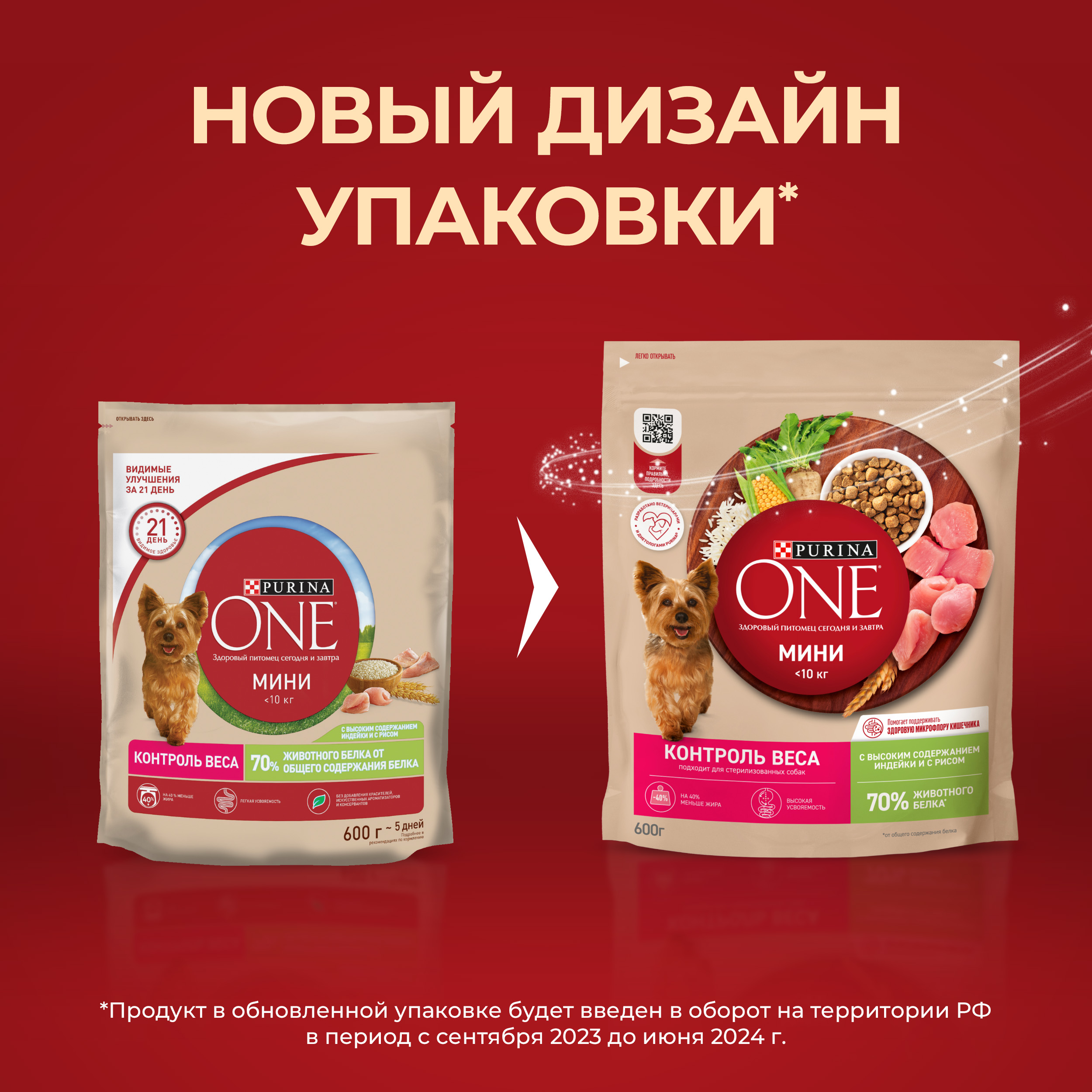 Сухой корм Purina ONE® МИНИ для собак мелких пород, склонных к набору веса или стерилизованных с индейкой и с рисом 600 г