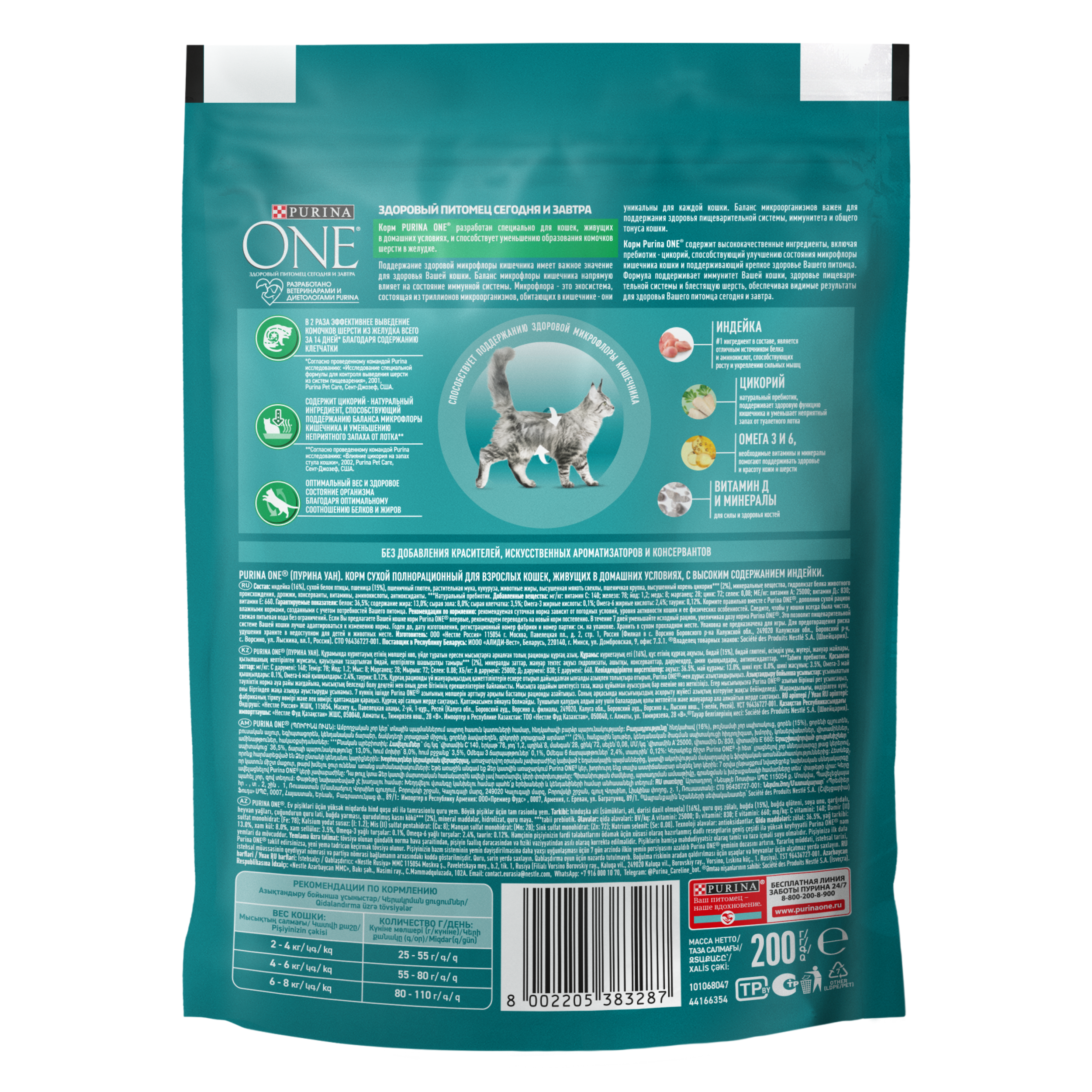Сухой корм PURINA ONE® для взрослых домашних кошек с индейкой 200 г