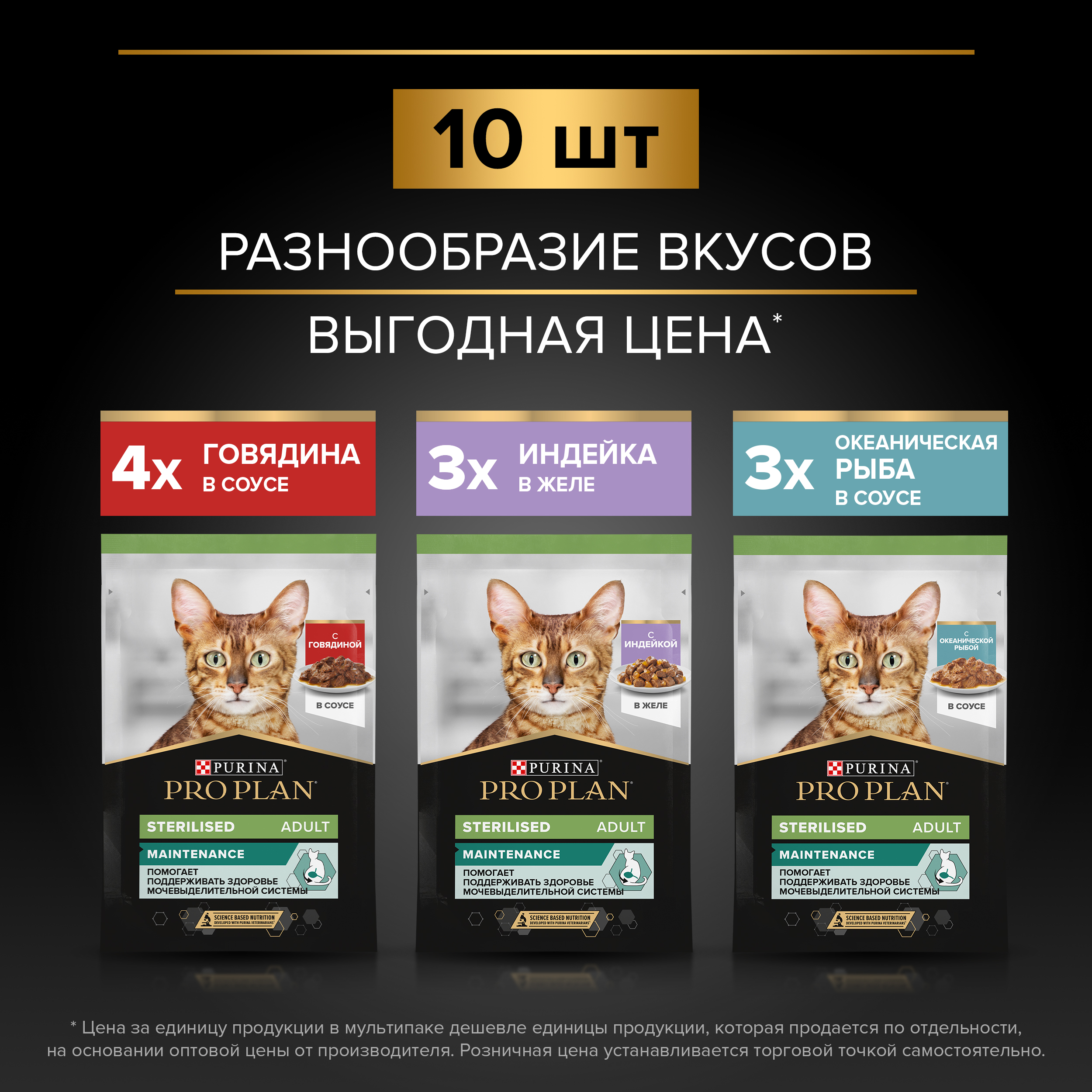 Влажный корм PRO PLAN® Sterilised MAINTENANCE для взрослых стерилизованных кошек с говядиной в соусе, с индейкой в желе, с океанической рыбой в соусе 85 г х 10 шт.