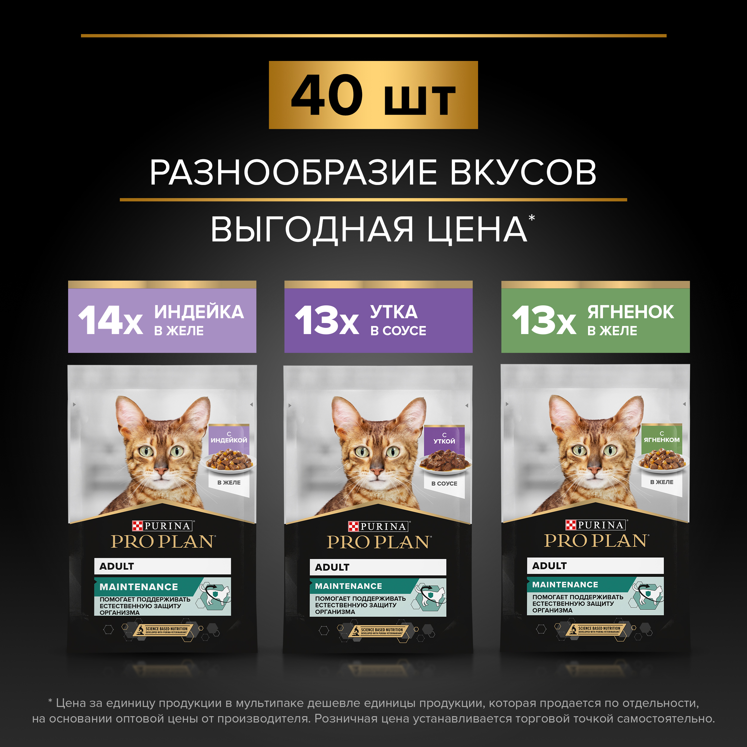 Влажный корм PRO PLAN® MAINTENANCE для взрослых кошек с индейкой в желе, с уткой в соусе, с ягненком в желе 85 г х 40 шт.
