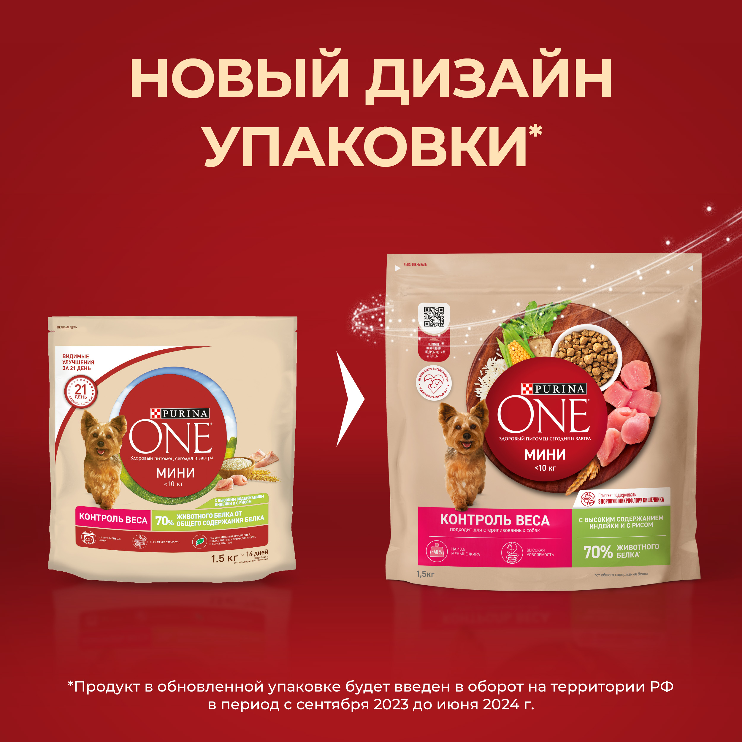 Сухой корм Purina ONE® МИНИ для собак мелких пород, склонных к набору веса или стерилизованных с индейкой и рисом 1.5 кг