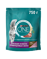 Сухой корм PURINA ONE® для кошек особенно привередливых к вкусу с уткой и печенью, 750 г