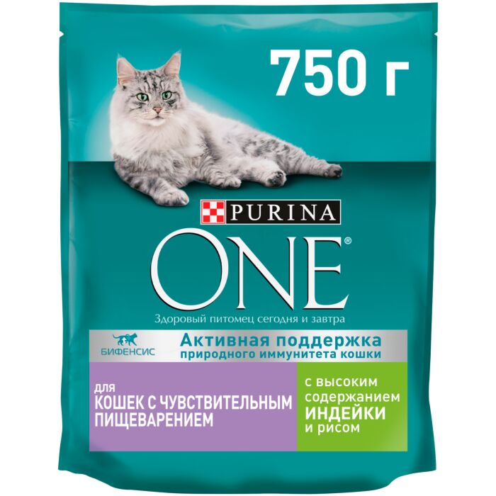 Купить Сухой корм Purina ONE® для кошек с чувствительным пищеварением с  индейкой и рисом, пакет, 750 г -официальный интернет-магазин Purina
