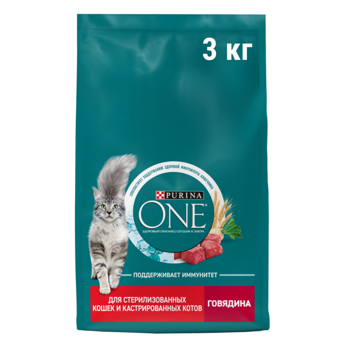 Купить Сухой корм Purina ONE® для стерилизованных кошек и котов с говядиной  и пшеницей, пакет, 3 кг -официальный интернет-магазин Purina