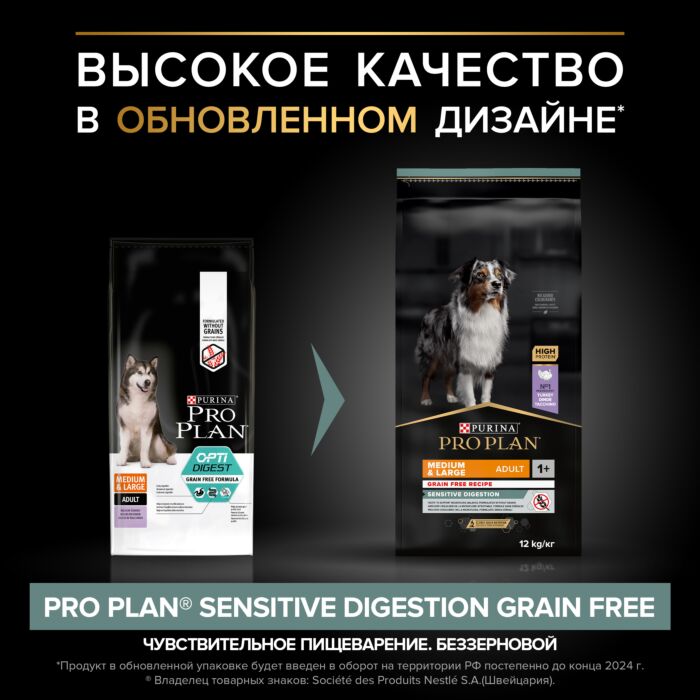 Сухой корм PRO PLAN® для взрослых собак средних и крупных пород с чувствительным пищеварением GRAIN FREE (беззерновой), с высоким содержанием индейки 12 кг