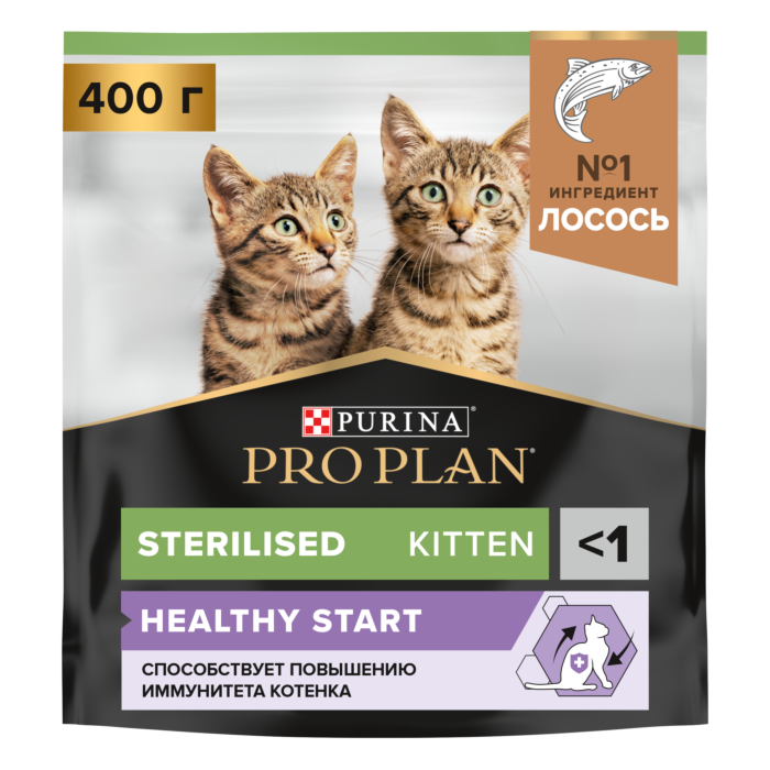 Купить Сухой корм Pro Plan® для стерилизованных котят, с высоким  содержанием лосося, Пакет, 400 г -официальный интернет-магазин Purina