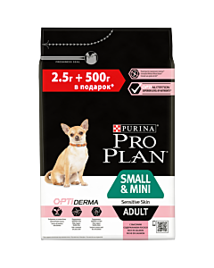 Сухой корм PRO PLAN® для взрослых собак мелких и карликовых пород с чувствительной кожей, с высоким содержанием лосося 2,5 кг + 500 г в подарок