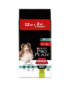 Сухой корм Pro Plan® для взрослых собак средних пород с чувствительным пищеварением, с ягненком, 12 кг + 2 кг в подарок