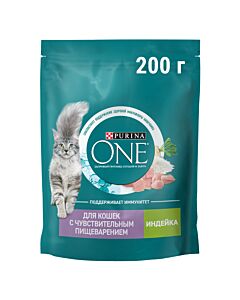Сухой корм Purina ONE® для взрослых кошек с чувствительным пищеварением и разборчивым вкусом в еде с индейкой 200 г