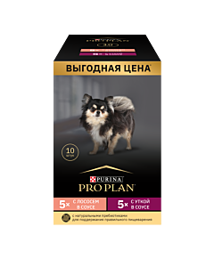 Влажный корм PRO PLAN® Opti Savour набор паучей для собак мелких и карликовых пород, с уткой в соусе 5 х 85 г, с лососем в соусе 5 х 85 г.