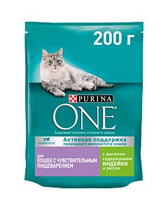 Сухой корм для взрослых кошек Purina ONE® при чувствительном пищеварении, с индейкой и рисом, 200 г