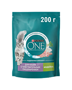 Сухой корм PURINA ONE® для взрослых кошек для чувствительного пищеварения с индейкой 200 г