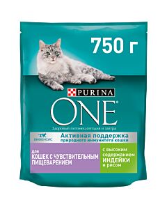 Сухой корм для взрослых кошек Purina ONE® при чувствительном пищеварении, с индейкой и рисом, 750 г