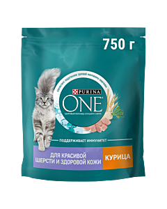 Сухой корм Purina ONE® для взрослых кошек для красивой шерсти, здоровой кожи и контроля образования волосяных комков с курицей 750 г