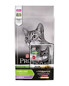 Сухой корм для кошек Pro Plan Sterilised с индейкой, 1,5 кг + Влажный корм для кошек Pro Plan Sterilised с уткой, курицей 85 г х 2 шт.