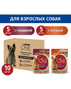 Влажный корм Purina ONE® МИНИ набор для взрослых собак мелких пород с курицей, морковью и зеленой фасолью в подливе 5 x 85 г, с говядиной, картофелем и горохом в подливе 5 x 85 г