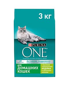 Сухой корм Purina ONE для взрослых кошек при домашнем образе жизни с индейкой и цельными злаками, 3 кг