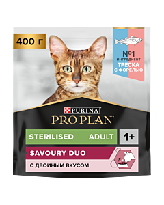 Сухой корм PRO PLAN® Sterilised SAVOURY DUO для взрослых стерилизованных привередливых кошек с треской и форелью, 400 г