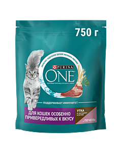 Сухой корм Purina ONE® для кошек особенно привередливых к вкусу с уткой и печенью, 750 г