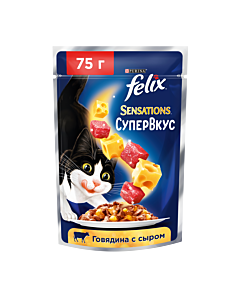 Влажный корм FELIX® Sensations Супервкус для кошек с говядиной и сыром 75 г х 26 шт.