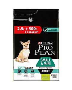 Сухой корм PRO PLAN® для взрослых собак мелких и карликовых пород с чувствительным пищеварением, с высоким содержанием ягненка 2,5 кг + 500 г в подарок