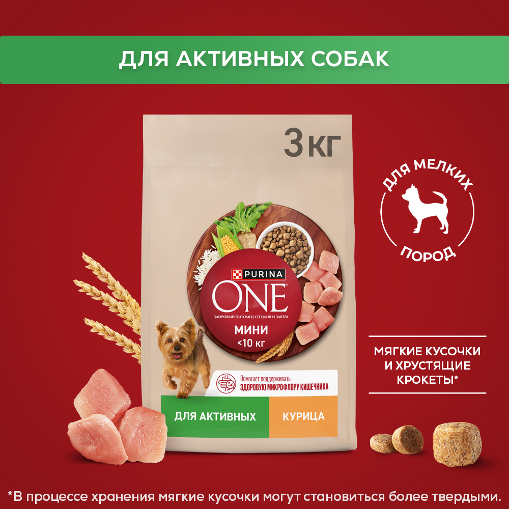 Сухой корм Purina ONE® МИНИ для активных собак мелких пород с курицей и с рисом, 3 кг