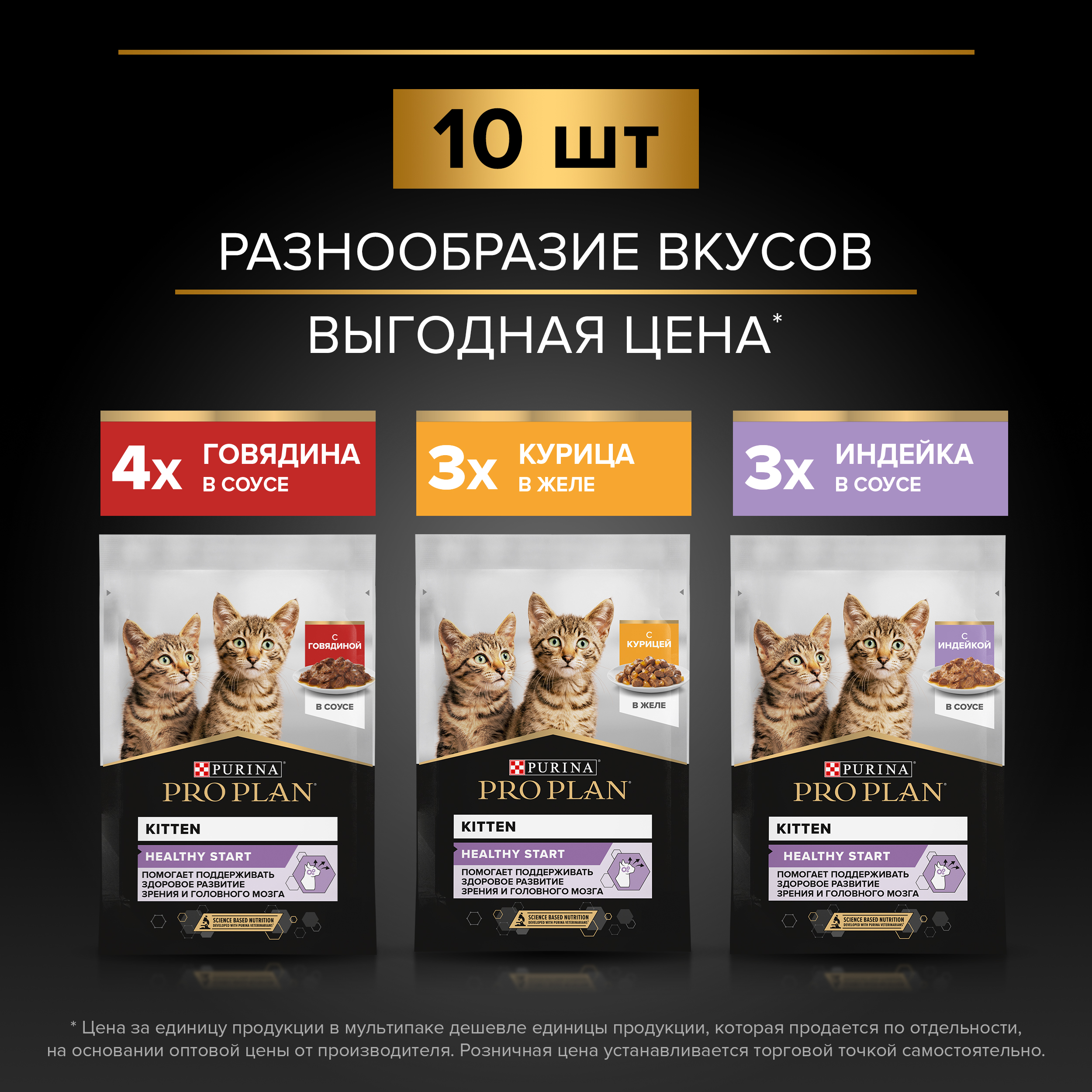 Влажный корм PRO PLAN® HEALTHY START для котят с говядиной в соусе, с индейкой в соусе и с курицей в желе 85 г х 10 шт.