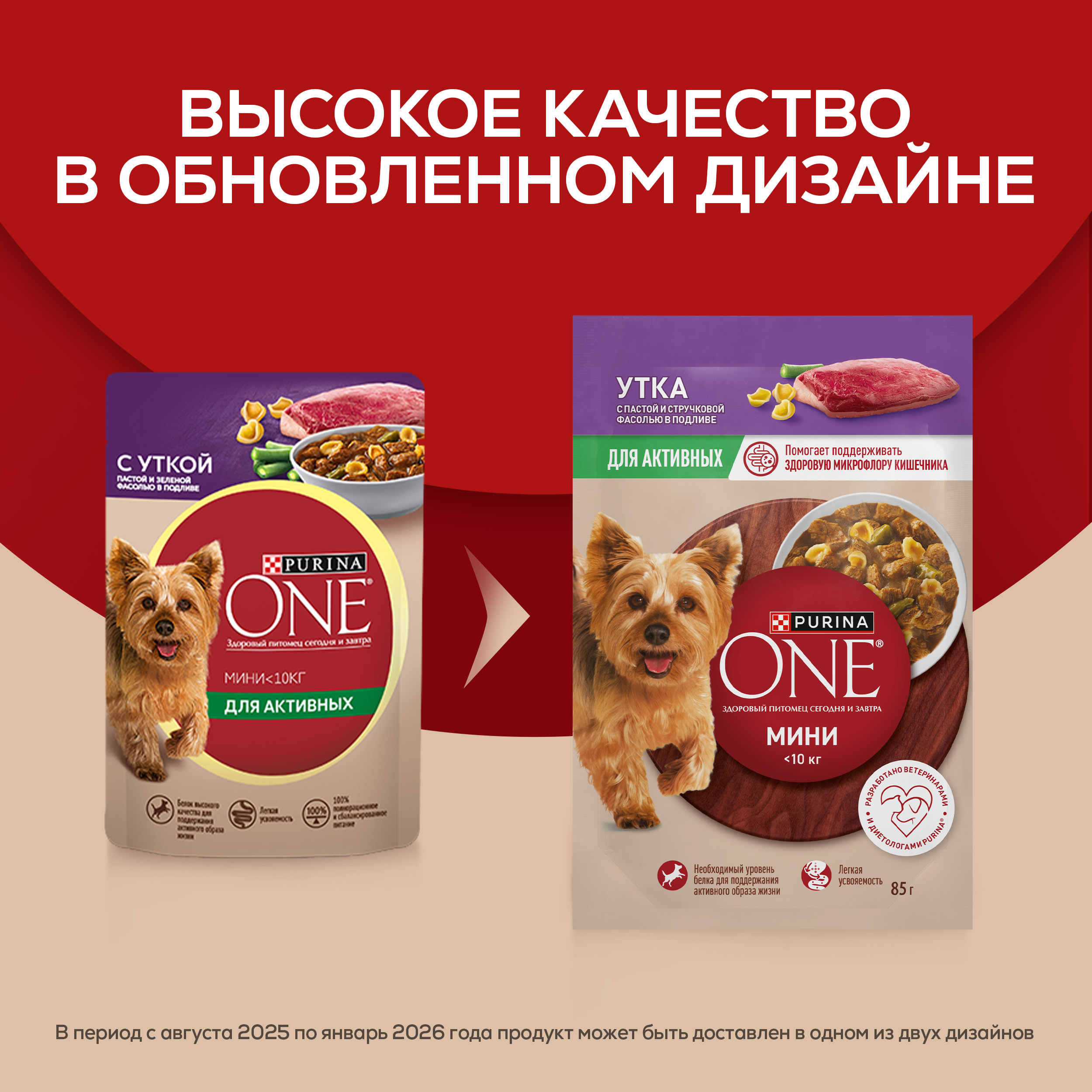 Влажный корм Purina ONE® МИНИ для активных собак мелких и карликовых пород с уткой, пастой и стручковой фасолью в соусе 85 г x 26 шт